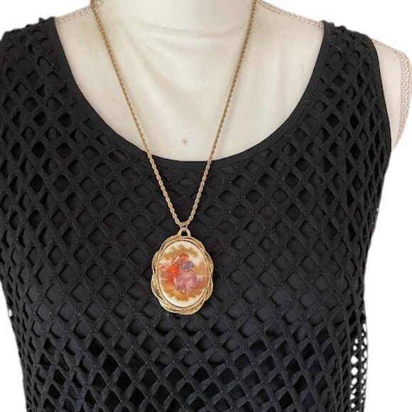 Vintage Gold Tone Renaissance Courting Couple Oval Frame with Mirror Porcelain - Picture 7 of 8